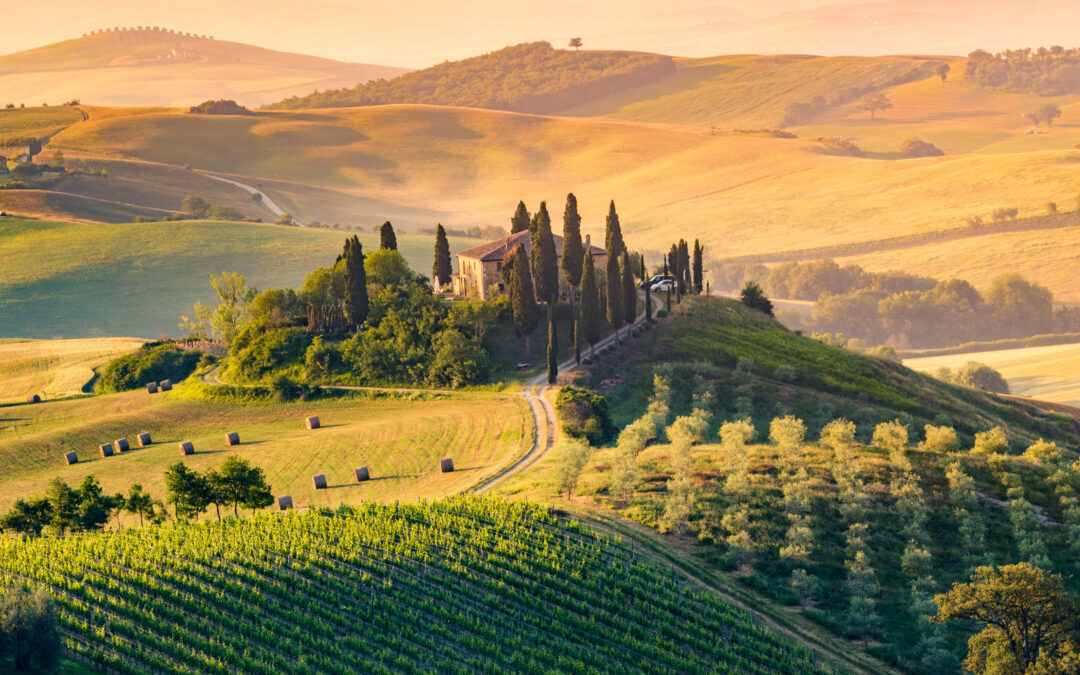 Val d'Orcia, Tuscany, Italy. A lonely farmhouse with cypress and olive trees, rolling hills.